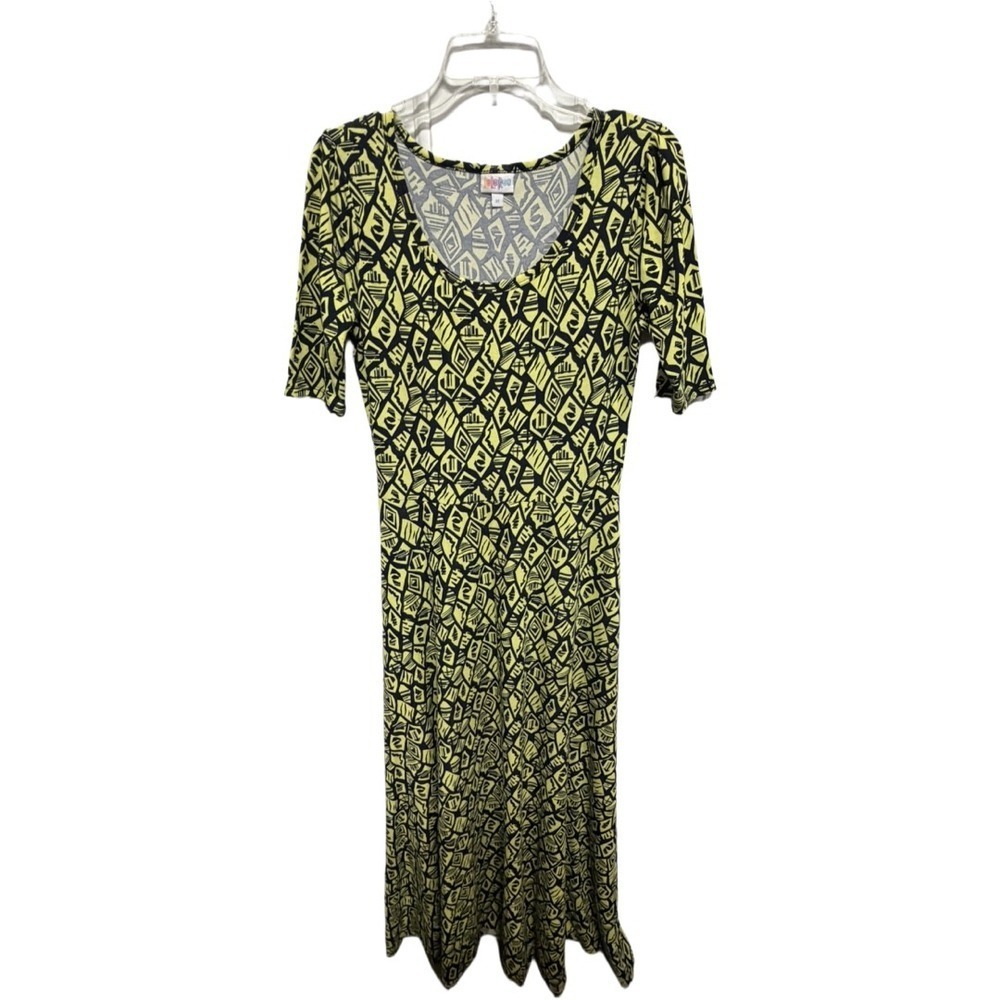 Lularoe Ana Maxi Dress Black & Yellow Abstract Mosaic Pattern Small Cottage Core